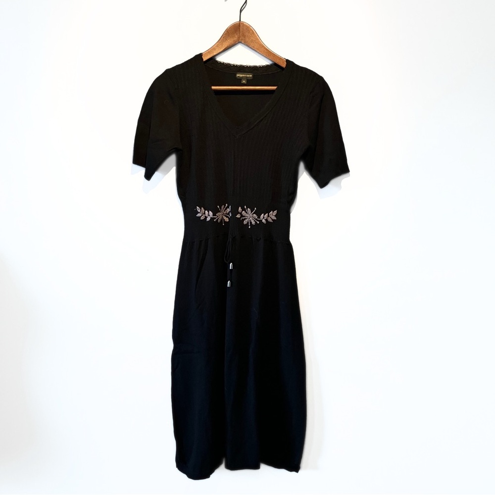 Black Knit Dress with Embroidered Detail